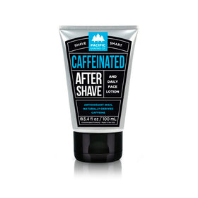 Pacific Shaving Company aftershave front packaging shows calming, caffeinated formula