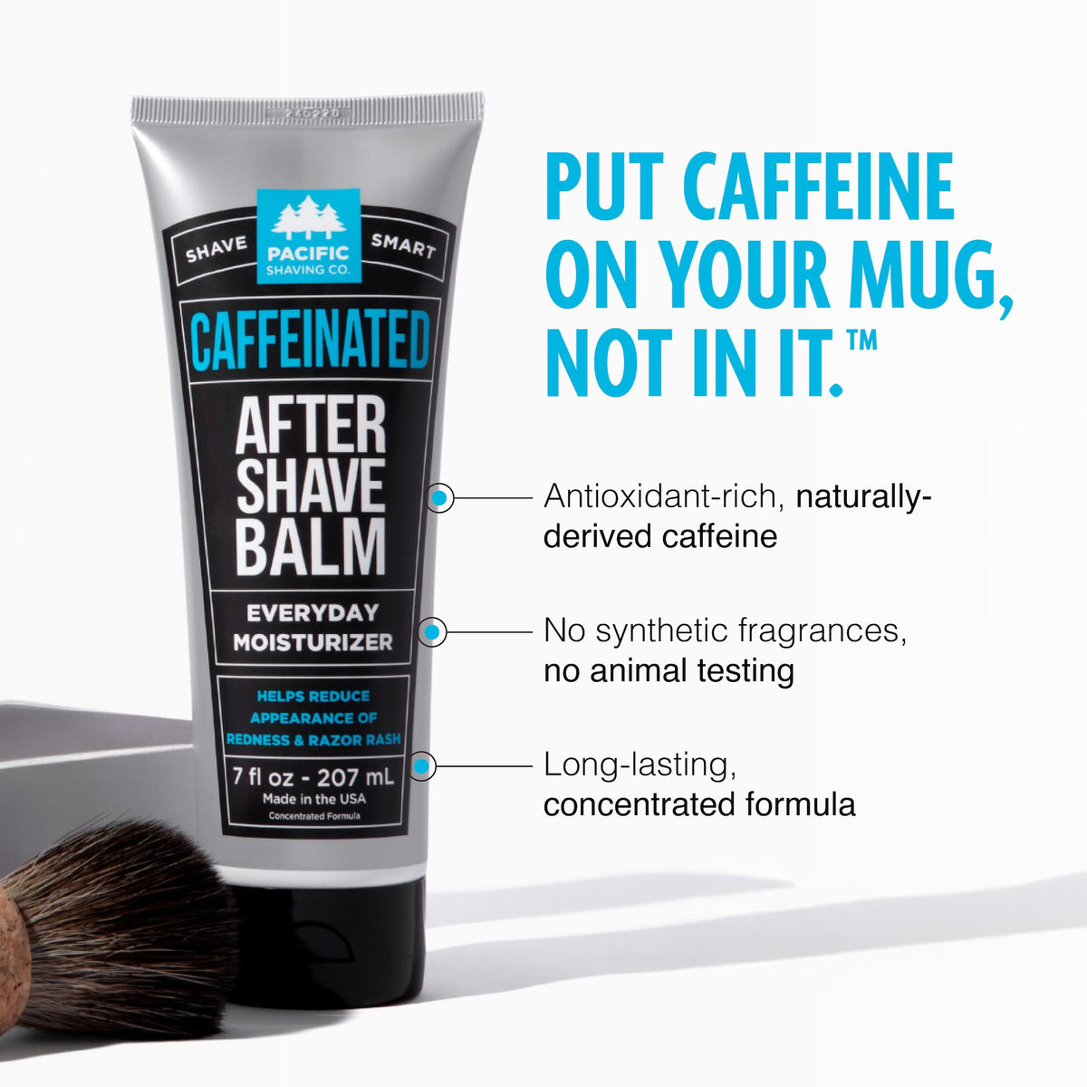 Pacific Shaving Company label detail and pump highlighting clear ingredient info