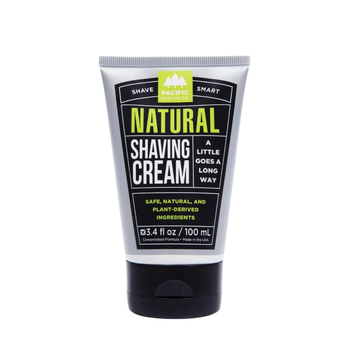 Pacific Shaving Company front tube showing compact travel-friendly design and clean formula benefits