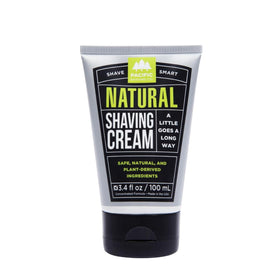 Pacific Shaving Company front tube showing compact travel-friendly design and clean formula benefits