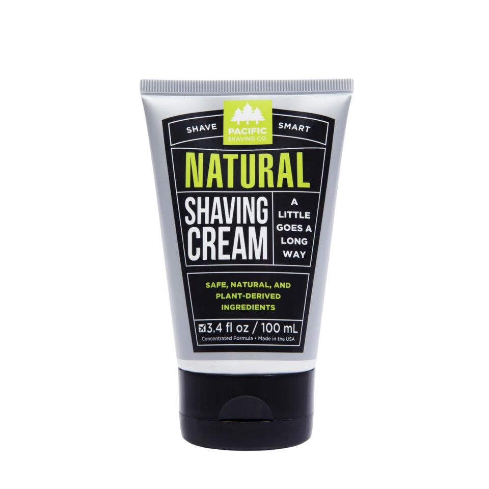 Pacific Shaving Company front tube showing compact travel-friendly design and clean formula benefits