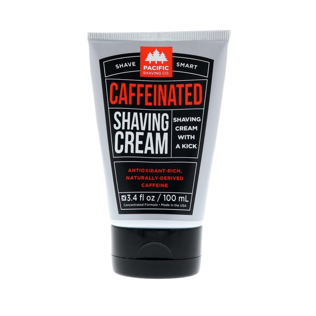 Pacific Shaving Company front tube showing 3.4 oz and travel-ready benefit
