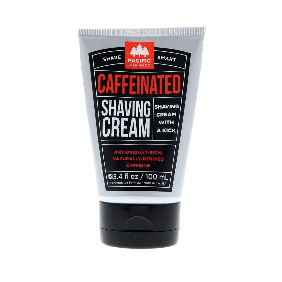 Pacific Shaving Company front tube showing 3.4 oz and travel-ready benefit