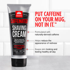 Pacific Shaving Company label close-up highlighting clean ingredients and caffeine