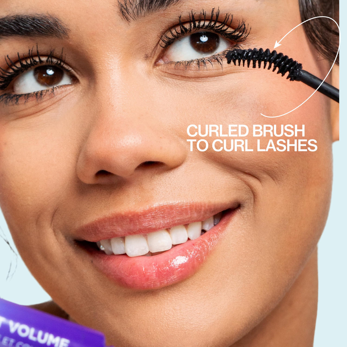 Pacifica mascara being applied to eye illustrating easy lift and fanning benefit