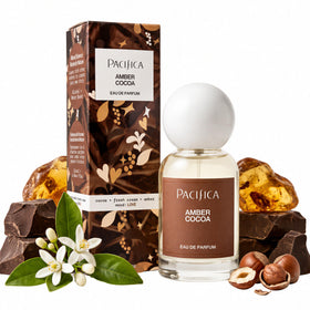 Pacifica front bottle view showing amber cocoa perfume and premium glass benefit