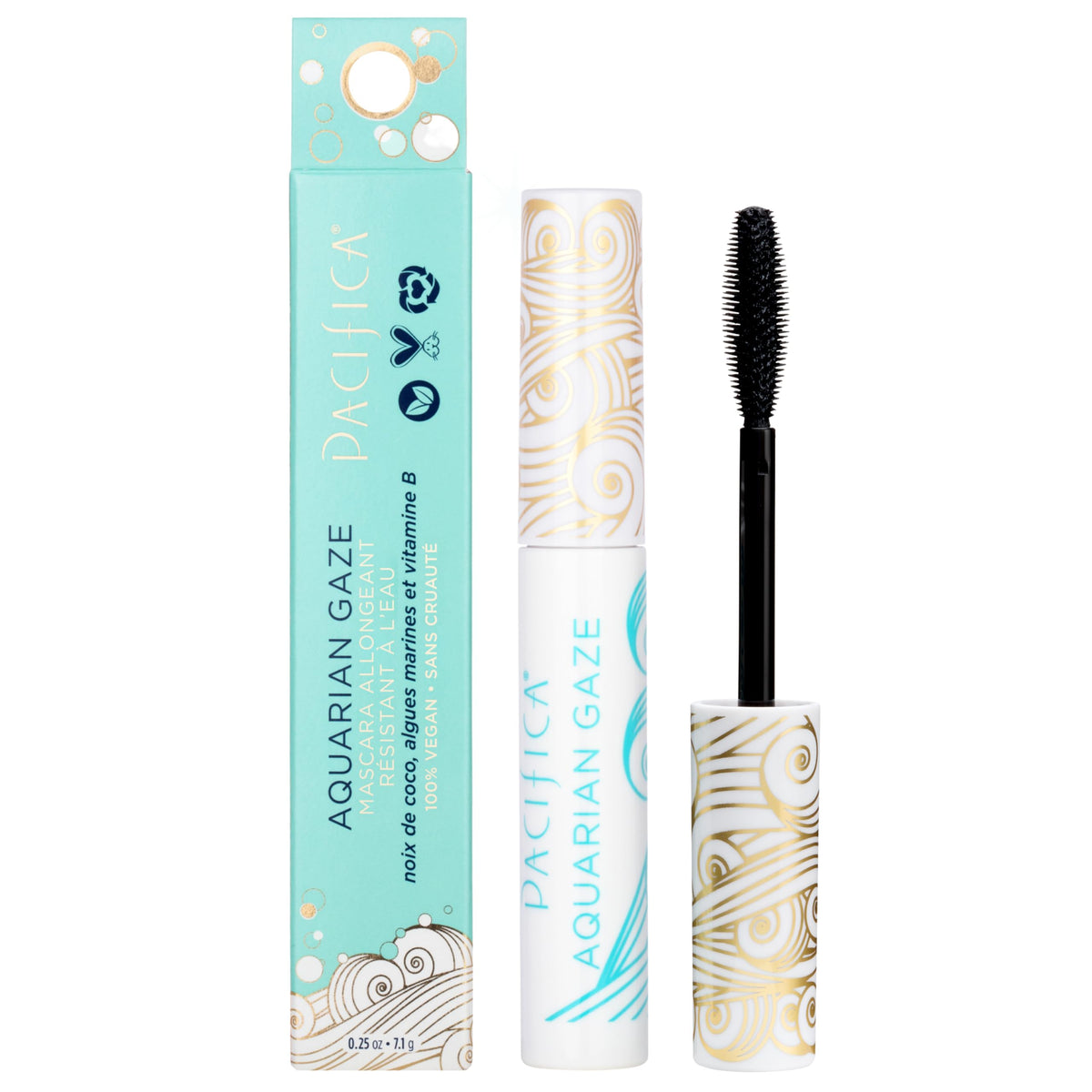Pacifica Aquarian Gaze front packaging showing sleek tube and Abyss shade benefit: bold black lashes