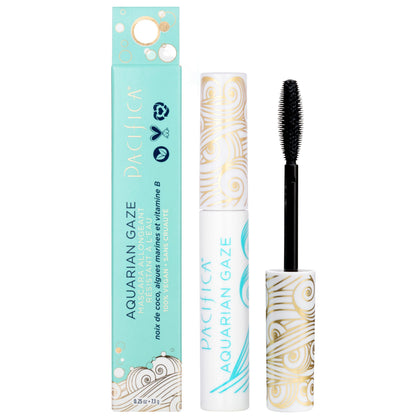 Pacifica Aquarian Gaze front packaging showing sleek tube and Abyss shade benefit: bold black lashes