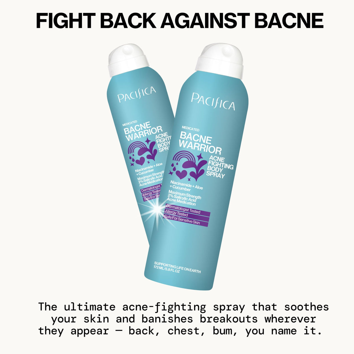 Pacifica Bacne Warrior fine mist spray covering hard-to-reach back areas for easy application