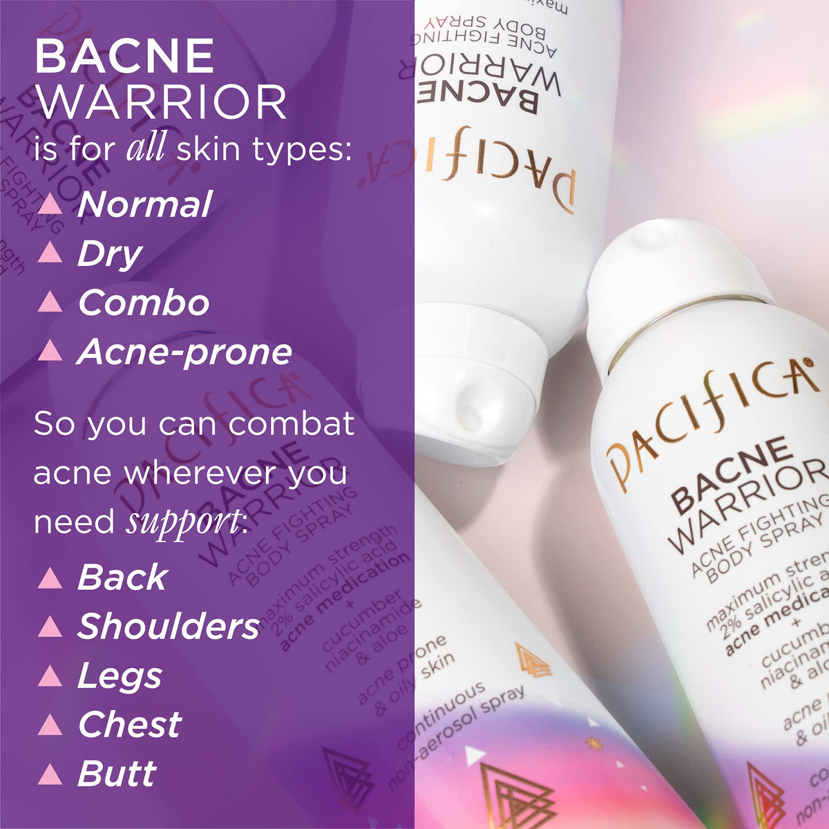 Pacifica Bacne Warrior ingredient label highlighting 2% salicylic acid and niacinamide benefits