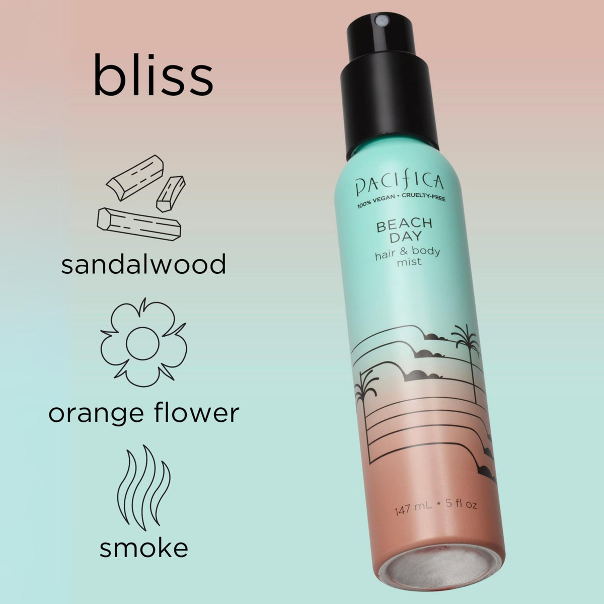 Pacifica 5 oz bottle next to common objects showing compact travel size
