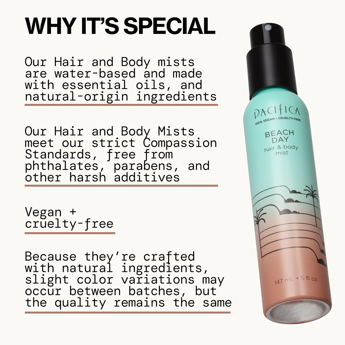Pacifica spray in hair demonstrating lightweight mist and quick refresh