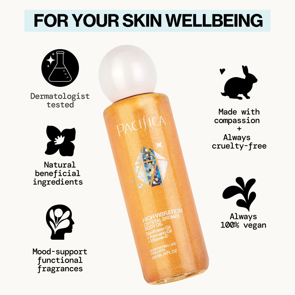 Pacifica bronzing body oil bottle label detail highlighting clean vegan formula