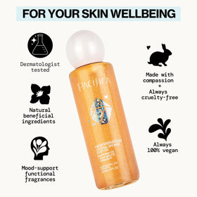 Pacifica bronzing body oil bottle label detail highlighting clean vegan formula