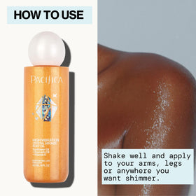 Pacifica bronzing body oil bottle on bathroom shelf indicating daily routine use