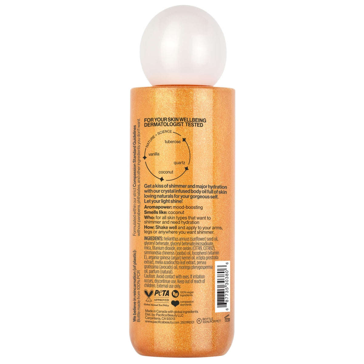 Pacifica bronzing body oil shimmer on skin macro revealing subtle bronze finish