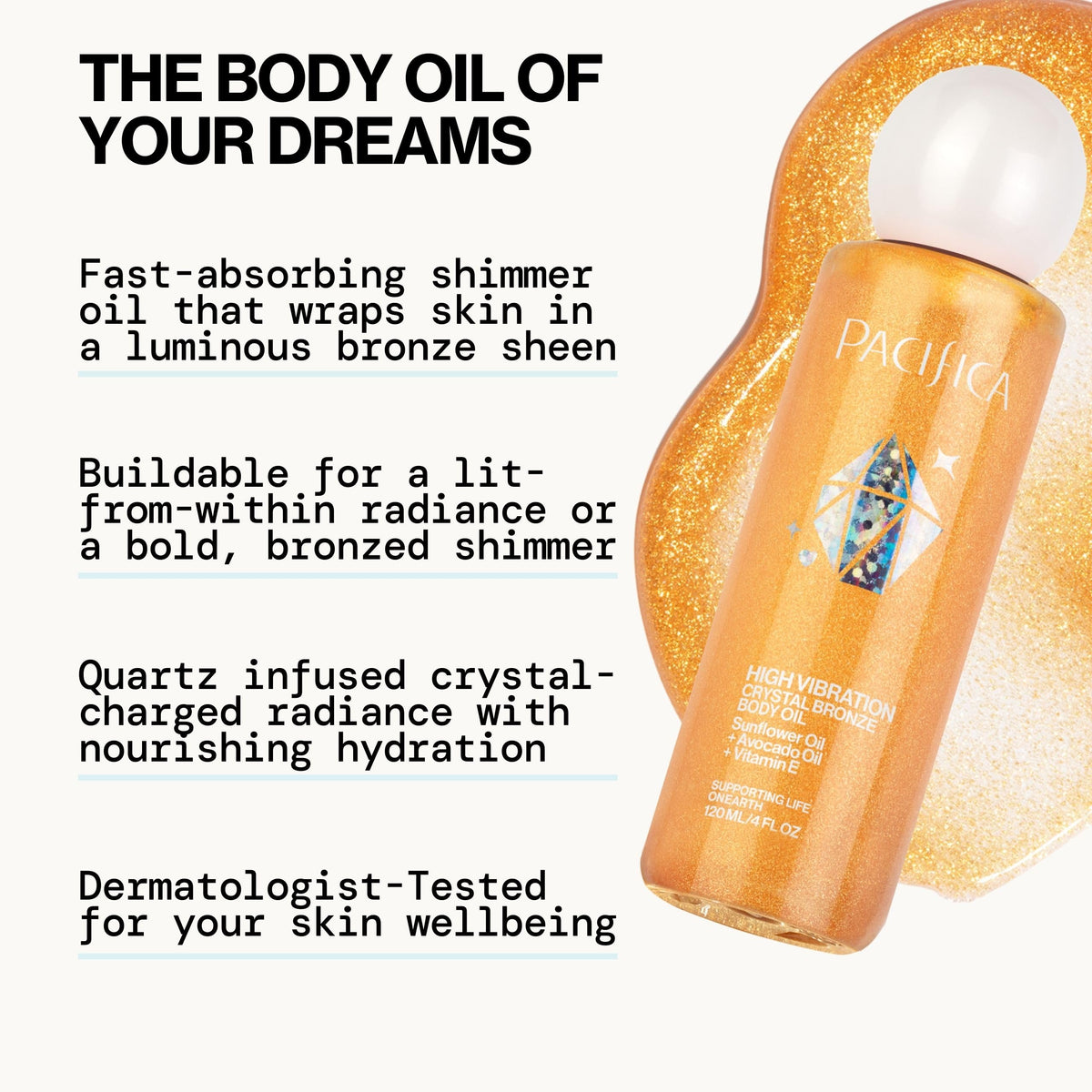 Pacifica bronzing body oil applied to shoulder demonstrating instant radiance