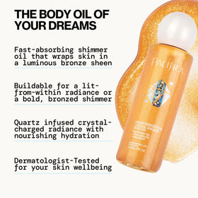 Pacifica bronzing body oil applied to shoulder demonstrating instant radiance