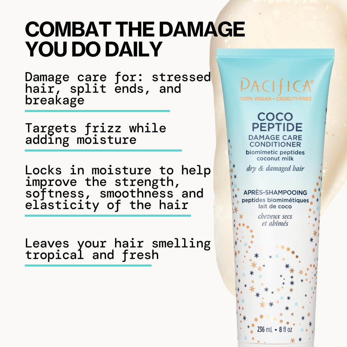 Pacifica conditioner cream close-up, highlights rich silicone-free formula for deep moisture
