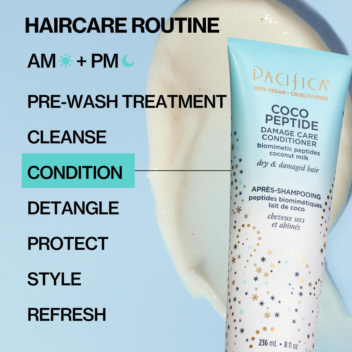 Pacifica bottles staged in bathroom lifestyle, evokes daily self-care and tropical coconut scent
