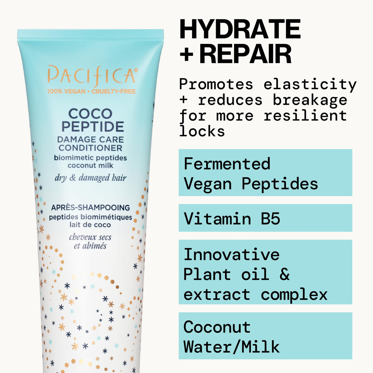 Pacifica shampoo pour texture in hand, demonstrates gentle coconut-derived lather and cleanse