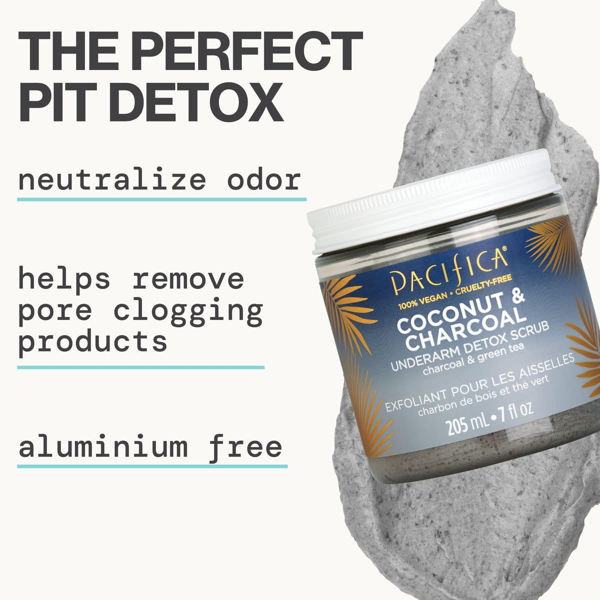 Pacifica coconut and charcoal scrub texture close-up revealing gentle exfoliant