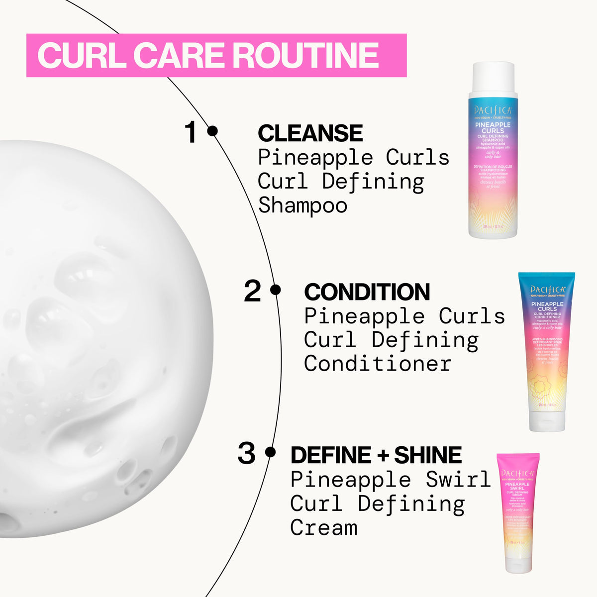 Pacifica conditioner texture close-up showing creamy slip and detangling benefit