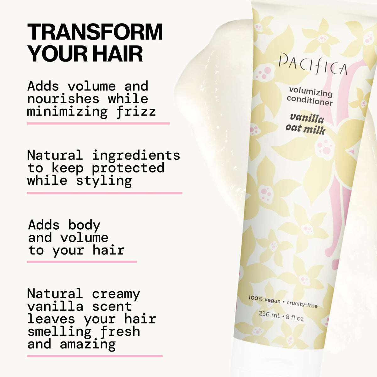Pacifica conditioner creamy rinse close-up showing smoothing hydration without weight