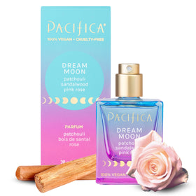 Pacifica Dream Moon front bottle showing elegant glass and floral design, brand refreshes mood