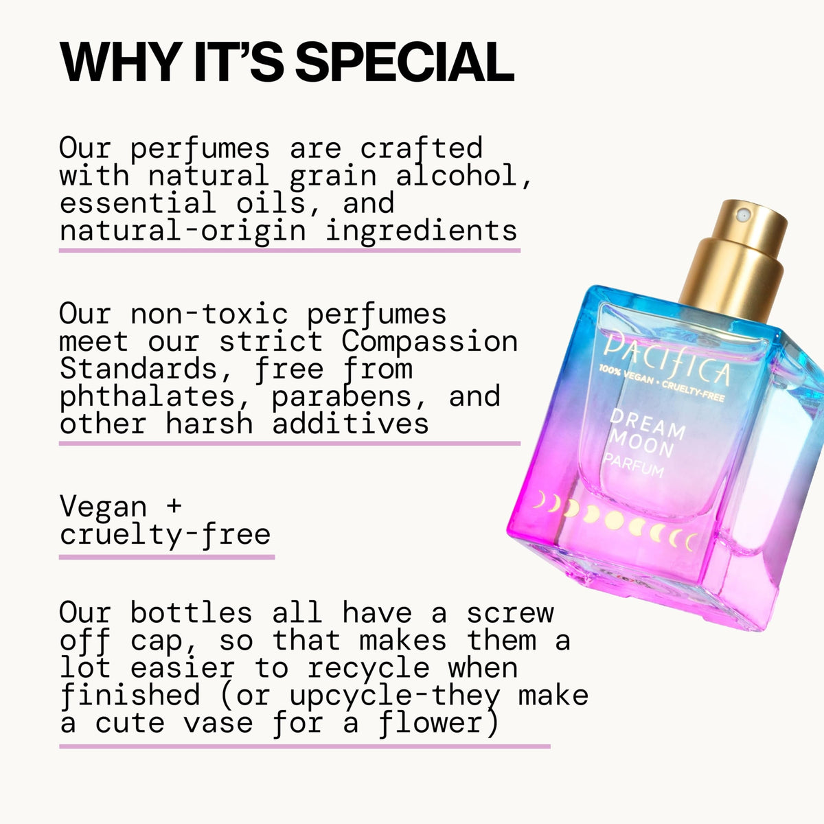Pacifica Dream Moon label closeup highlighting notes and vegan claim, brand assures clean formula