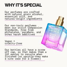 Pacifica Dream Moon label closeup highlighting notes and vegan claim, brand assures clean formula