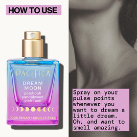 Pacifica Dream Moon essential oil droplets and vanilla pod detail, brand emphasizes natural oils