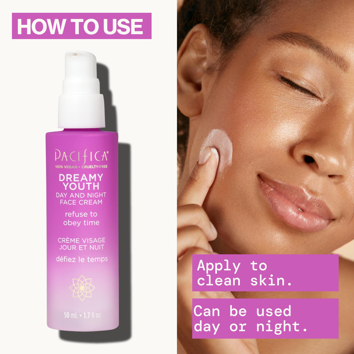 Pacifica pump dispensing lotion onto fingertip for precise, mess-free application