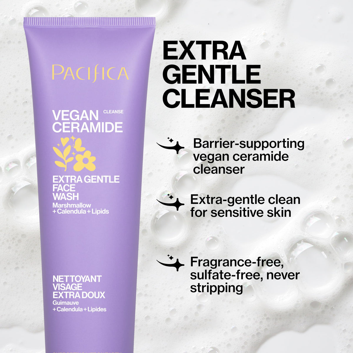 Pacifica label close-up highlighting vegan ceramide barrier-support benefit