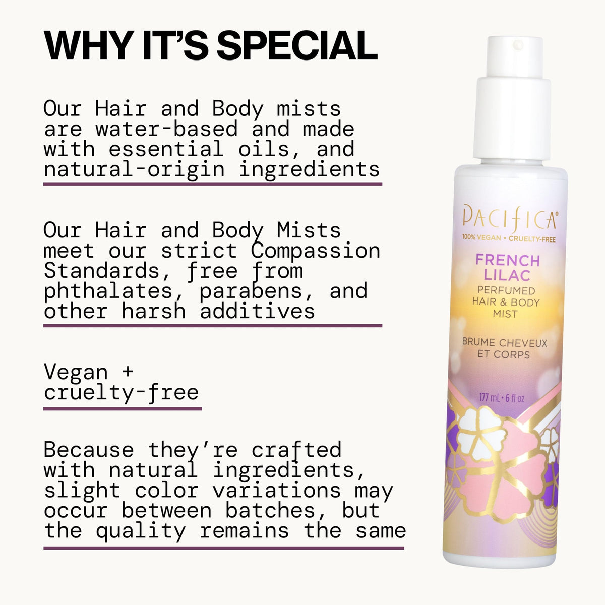 Pacifica mist spraying to show fine mist action and even fragrance coverage