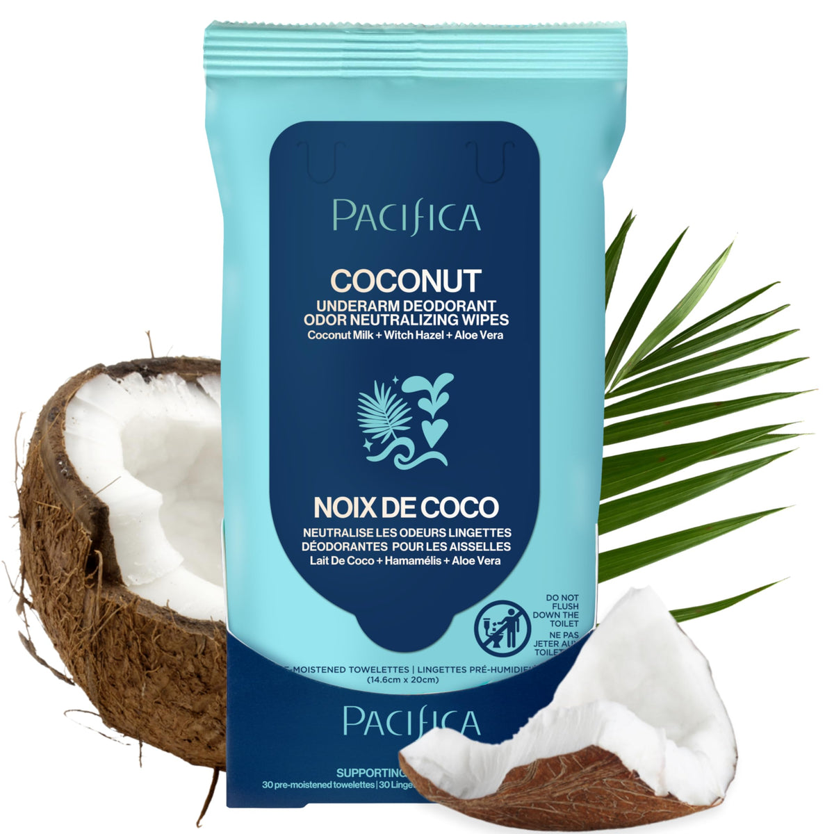 Pacifica front packaging showing coconut milk wipes and travel-friendly size for freshness