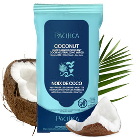Pacifica front packaging showing coconut milk wipes and travel-friendly size for freshness