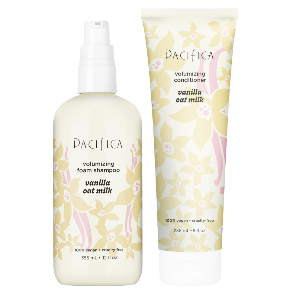 Pacifica front packaging of volumizing shampoo and conditioner showing brand and benefits