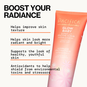 Pacifica Glow Baby ingredients flatlay highlighting vitamin C and enzymes