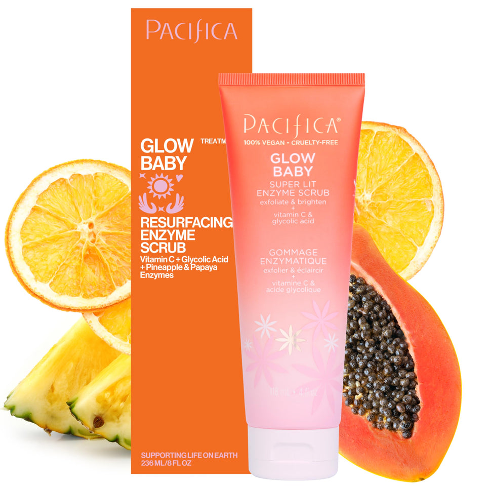 Pacifica Glow Baby front packaging showing brightening scrub benefits