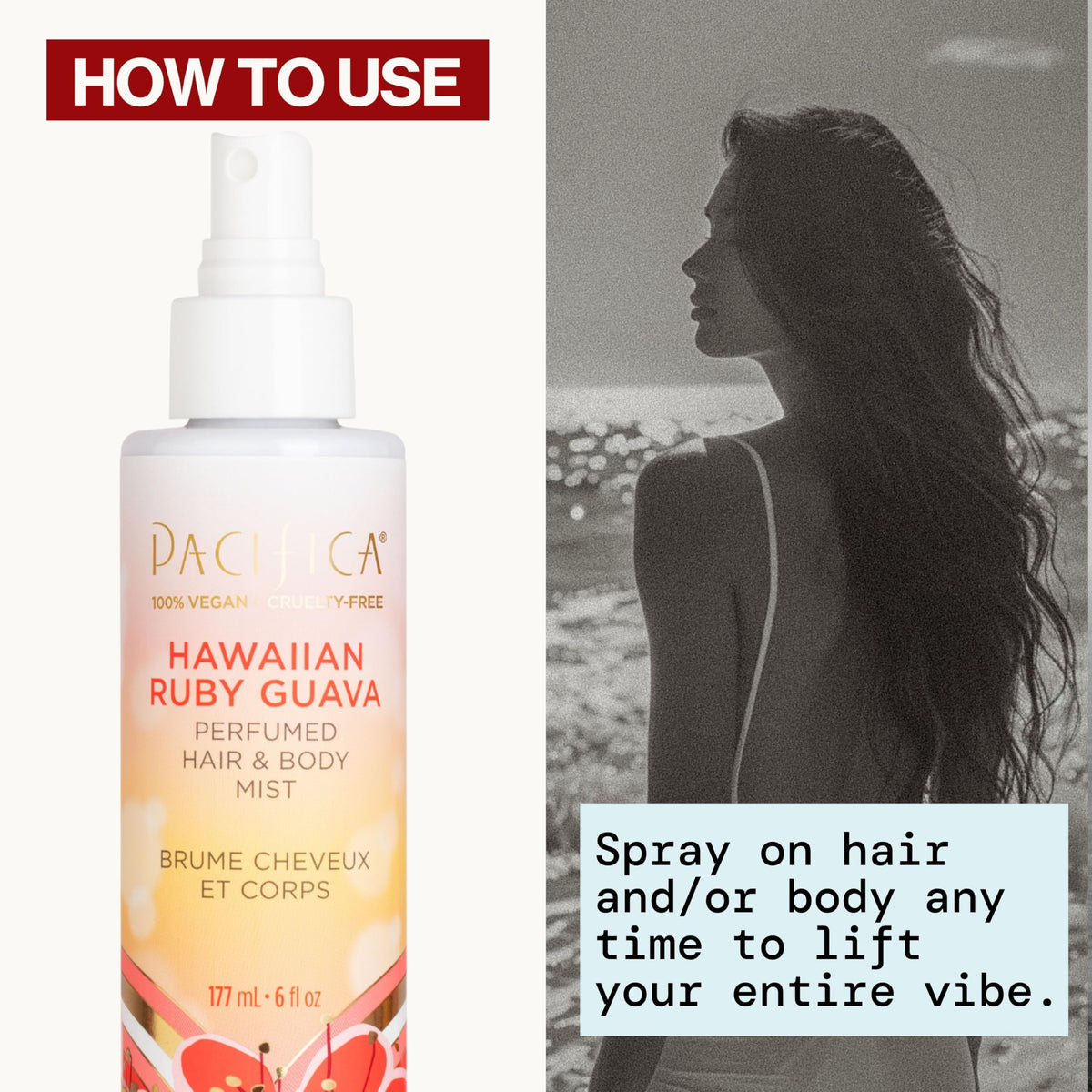 Pacifica ingredients image with pomelo and guava visuals suggesting natural essential oils