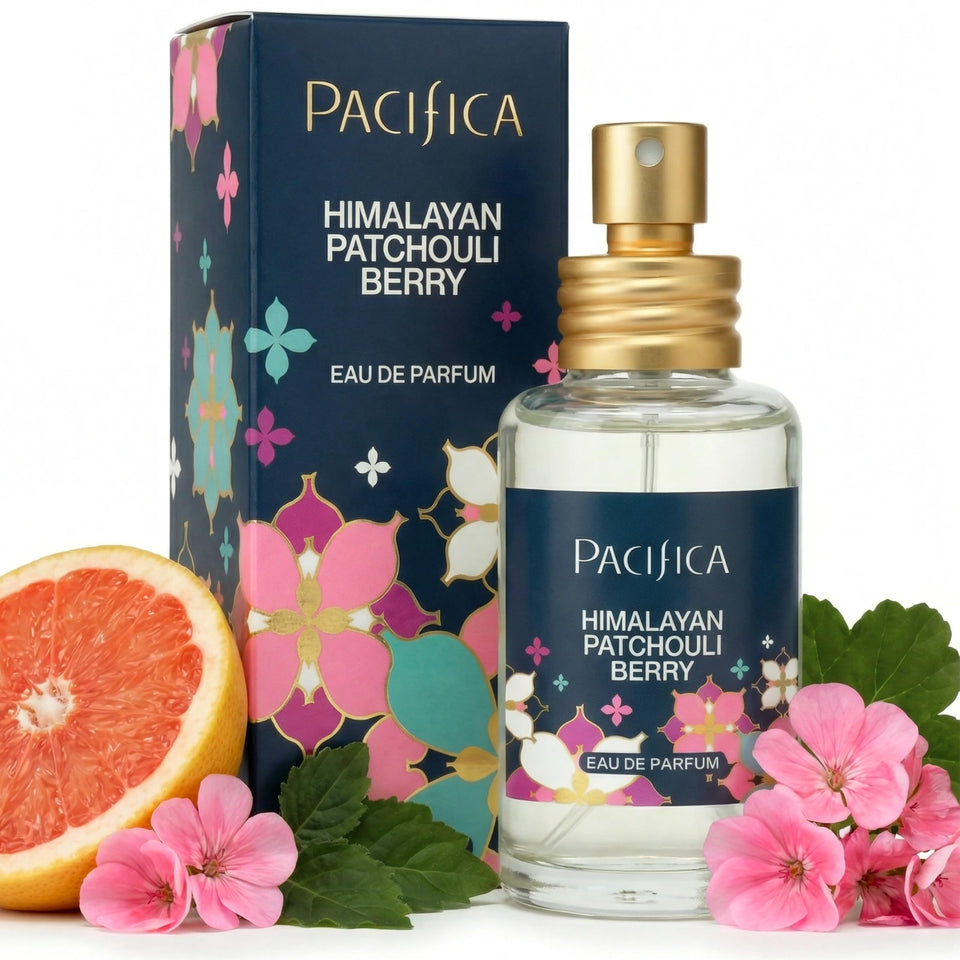 Pacifica Himalayan Patchouli Berry front view showing glass bottle and spray for daily wear