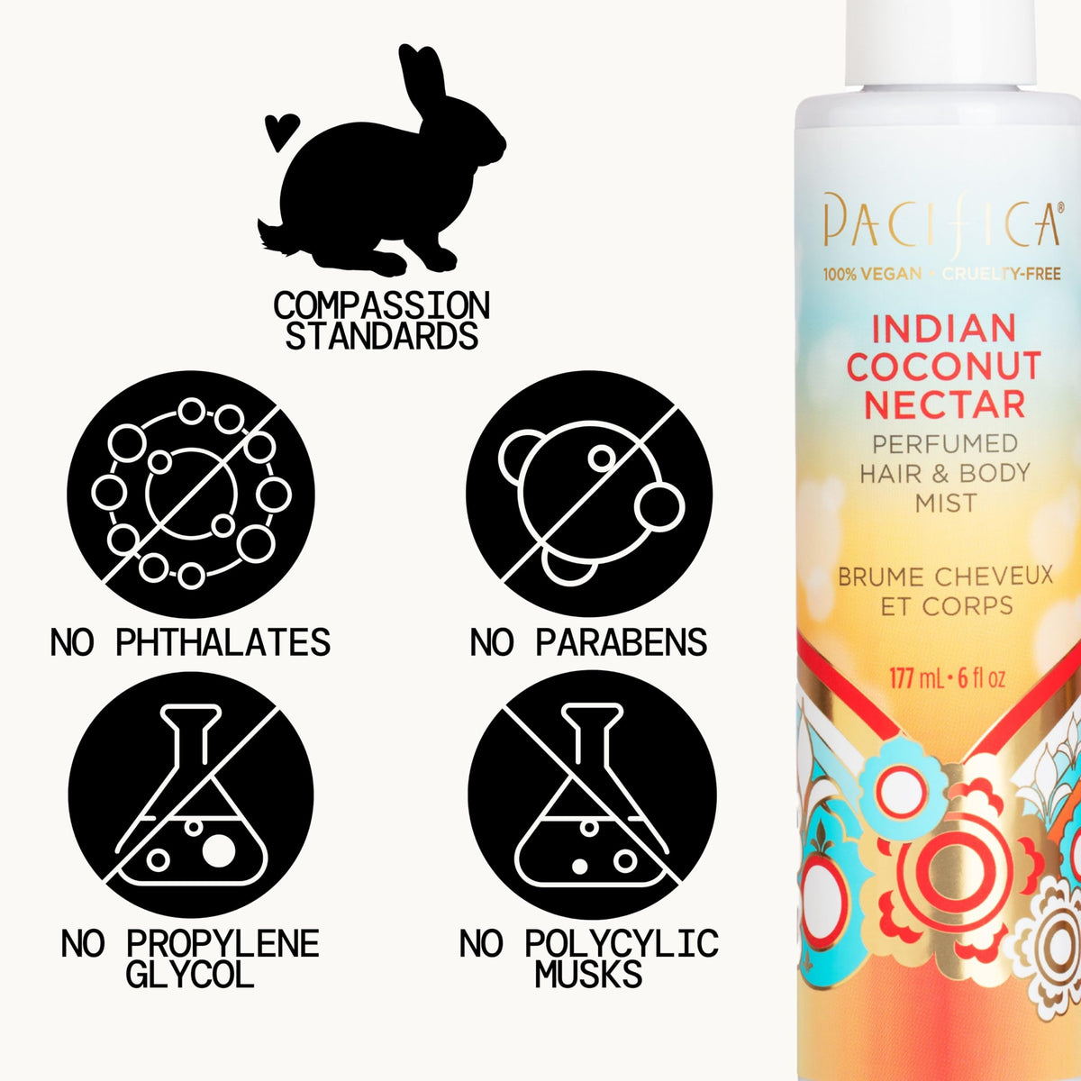 Pacifica back label highlighting directions and ingredient transparency benefit