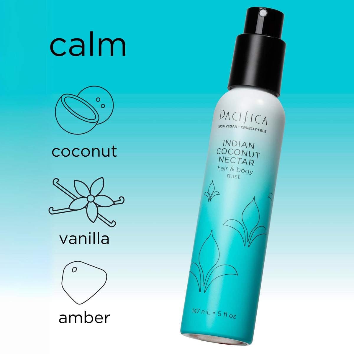 Close-up of Pacifica bottle texture and nozzle, highlights clean-beauty finish