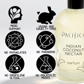 Closeup nozzle of Pacifica perfume emphasizing precise misting and travel convenience benefit