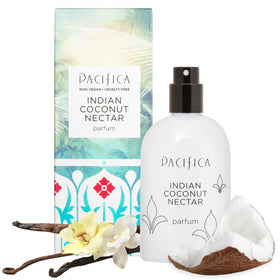 Pacifica bottle front view showing tropical coconut vanilla scent and clean design benefit