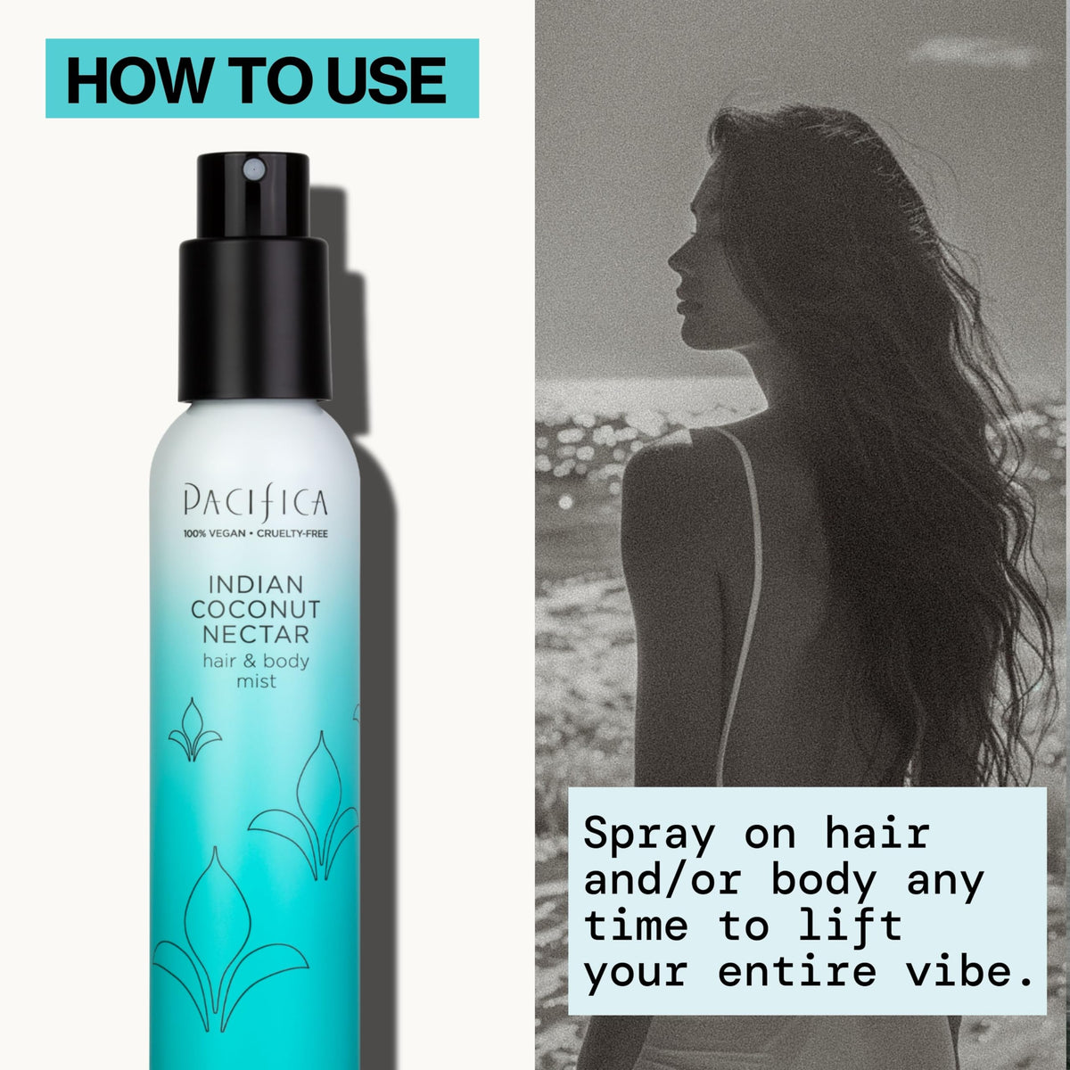 Applying Pacifica mist to hair to show long-lasting, hair-friendly fragrance
