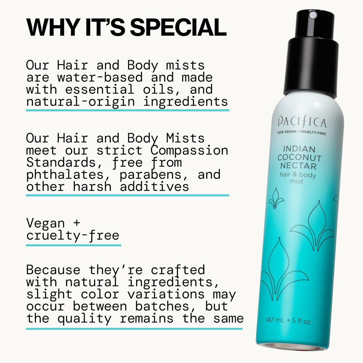Label details on Pacifica bottle showing vegan cruelty-free icons for trust