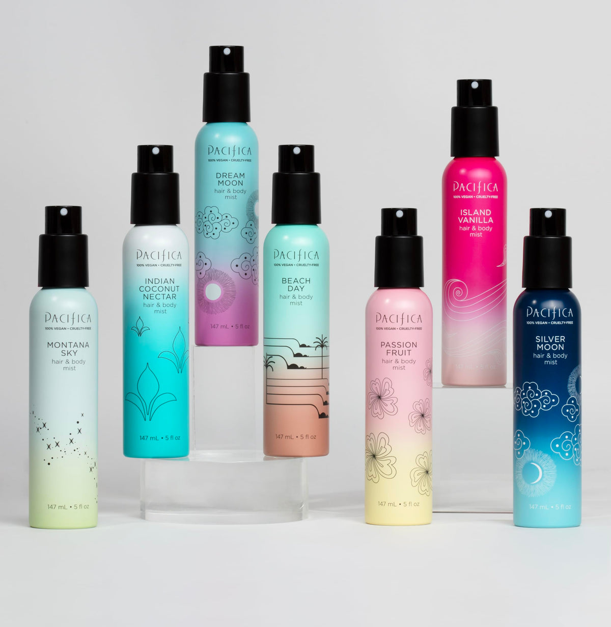 Recyclable glass bottle focus emphasizing Pacifica sustainability and care