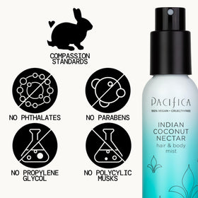 Pacifica mist spray in motion delivering lightweight coconut-vanilla aroma